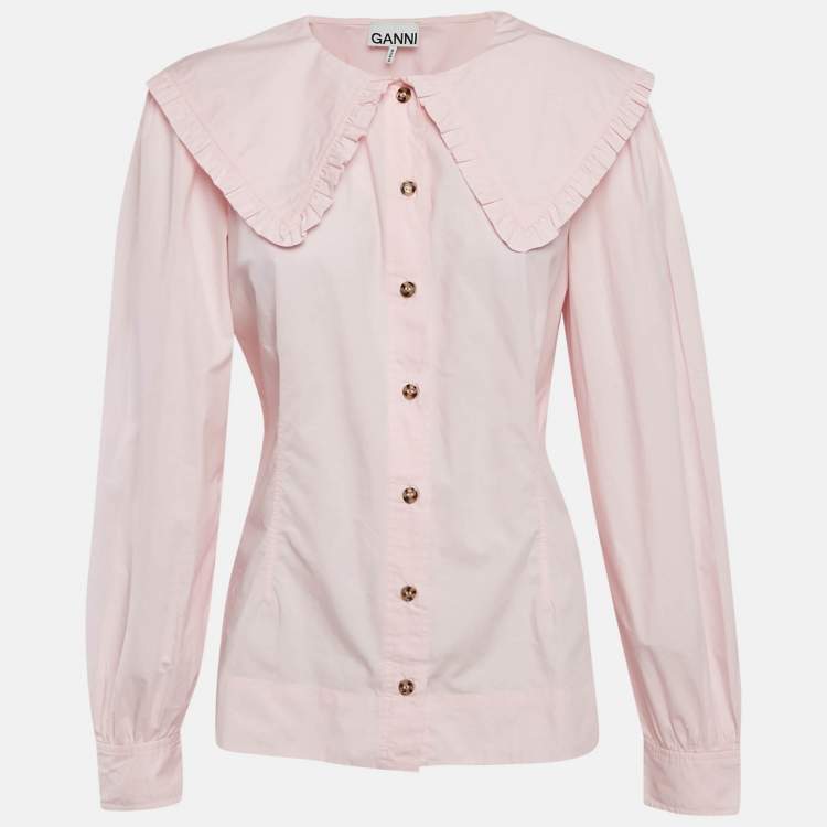 Pre Owned Ganni Pink Cotton Ruffled Platter Collar Shirt XL 