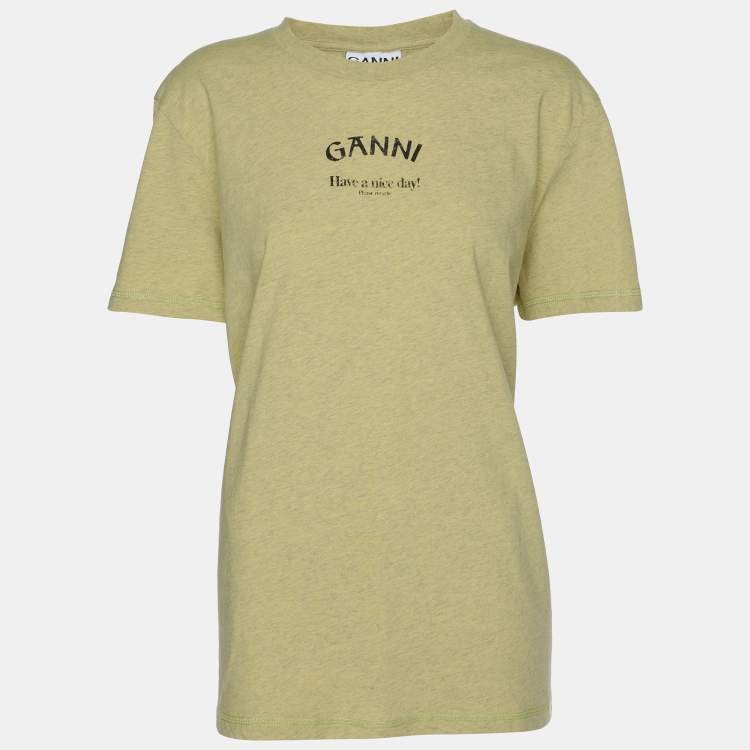 Pre Owned Ganni Leek Yellow Logo Print T-Shirt L