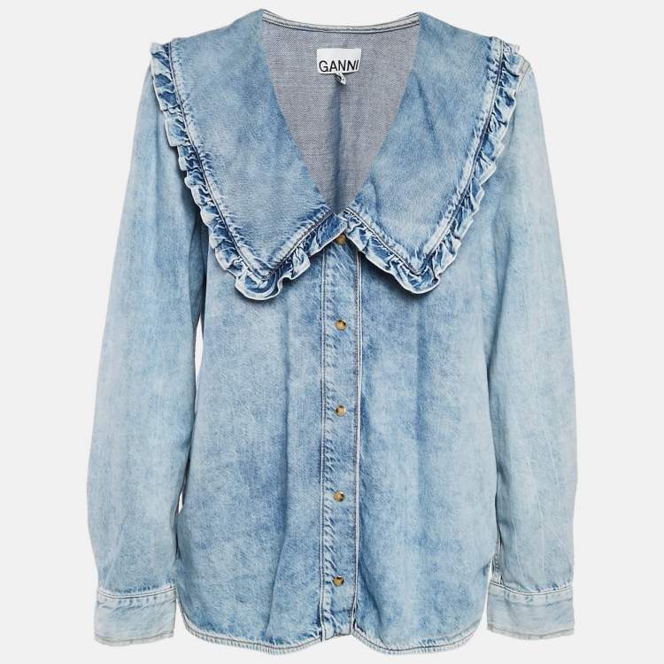 Pre Owned Ganni Blue Denim Ruffled Platter Collar Shirt XL