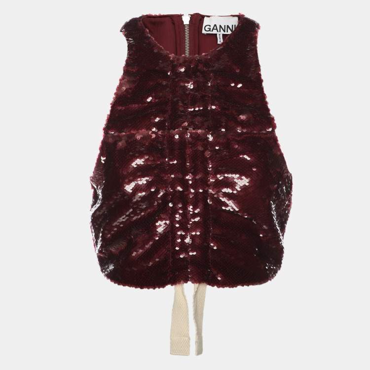 Pre Owned Ganni Burgundy Sequin Sleeveless Crop Top XXS