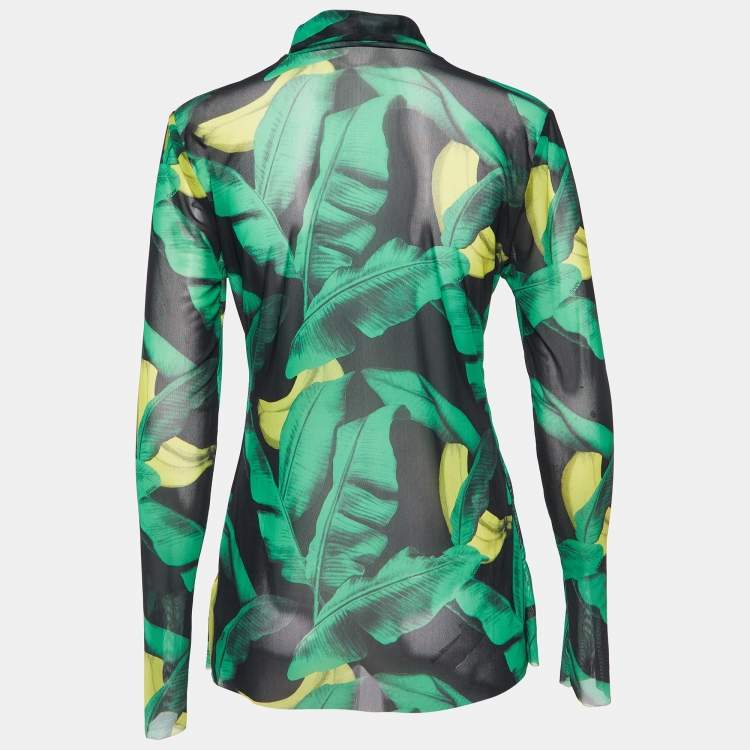 Pre Owned Ganni Green Banana Print Mesh Turtle Neck Top L