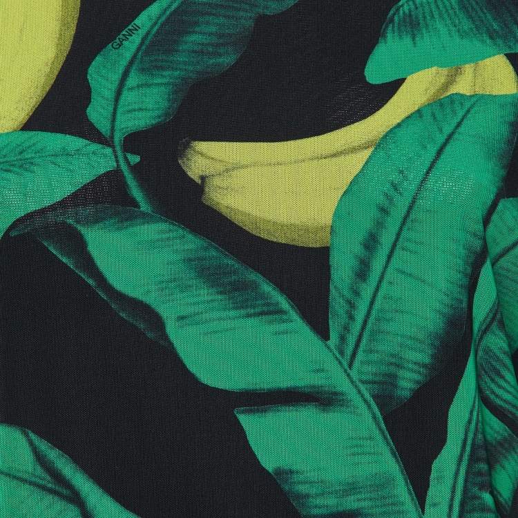 Pre Owned Ganni Green Banana Print Mesh Turtle Neck Top L