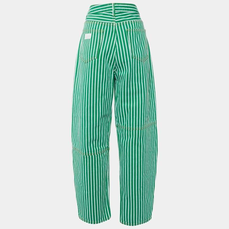 Pre Owned Ganni Green Striped Cotton Stary Baggy Jeans L/Waist 33"