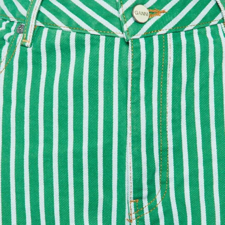 Pre Owned Ganni Green Striped Cotton Stary Baggy Jeans L/Waist 33"
