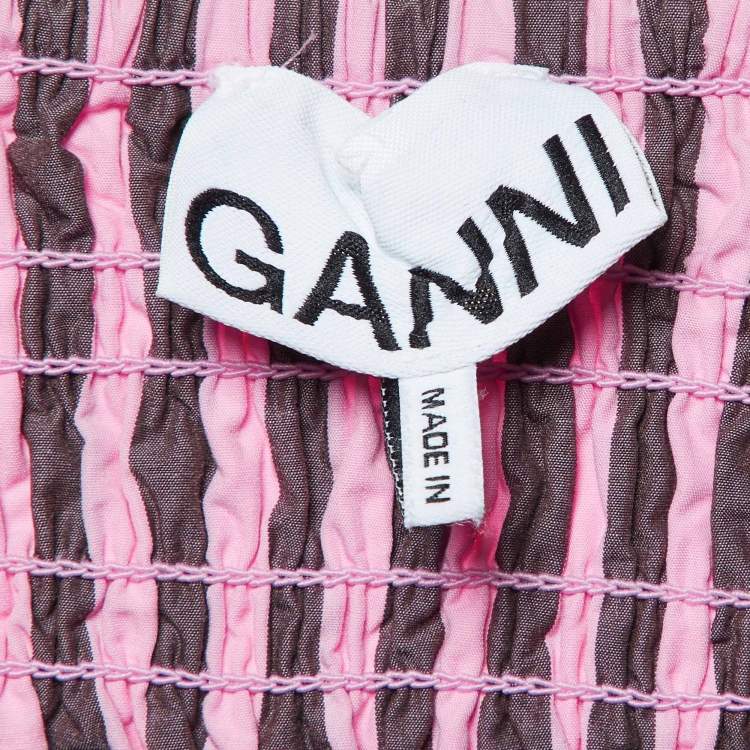 Pre Owned Ganni Pink Striped Cotton Smocked Waist Maxi Skirt L