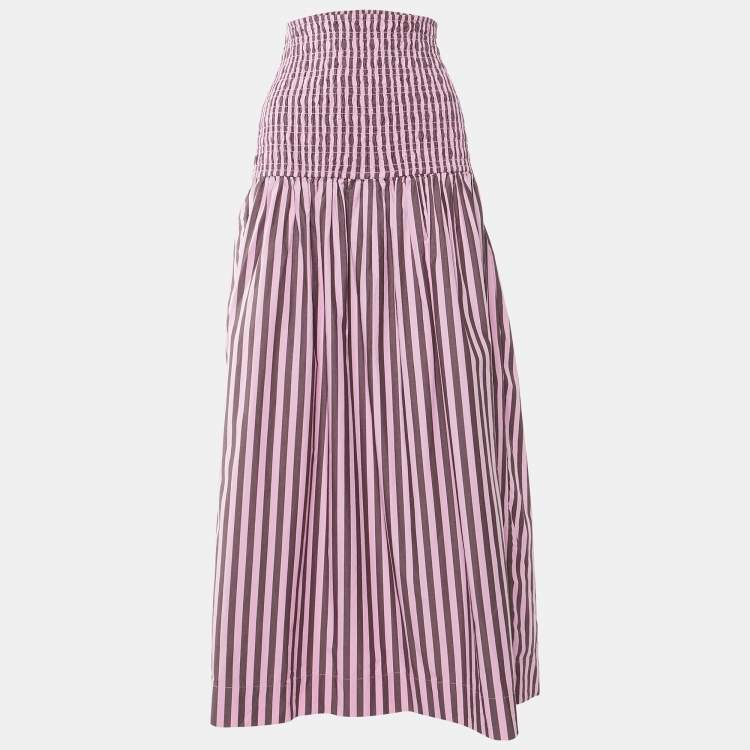 Pre Owned Ganni Pink Striped Cotton Smocked Waist Maxi Skirt L