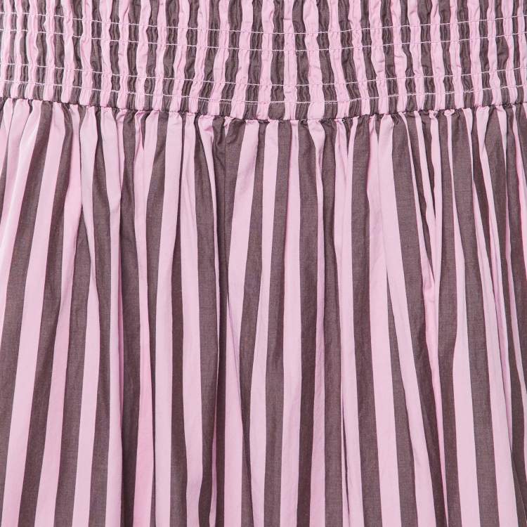 Pre Owned Ganni Pink Striped Cotton Smocked Waist Maxi Skirt L