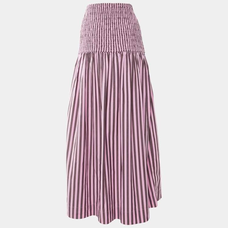 Pre Owned Ganni Pink Striped Cotton Smocked Waist Maxi Skirt L