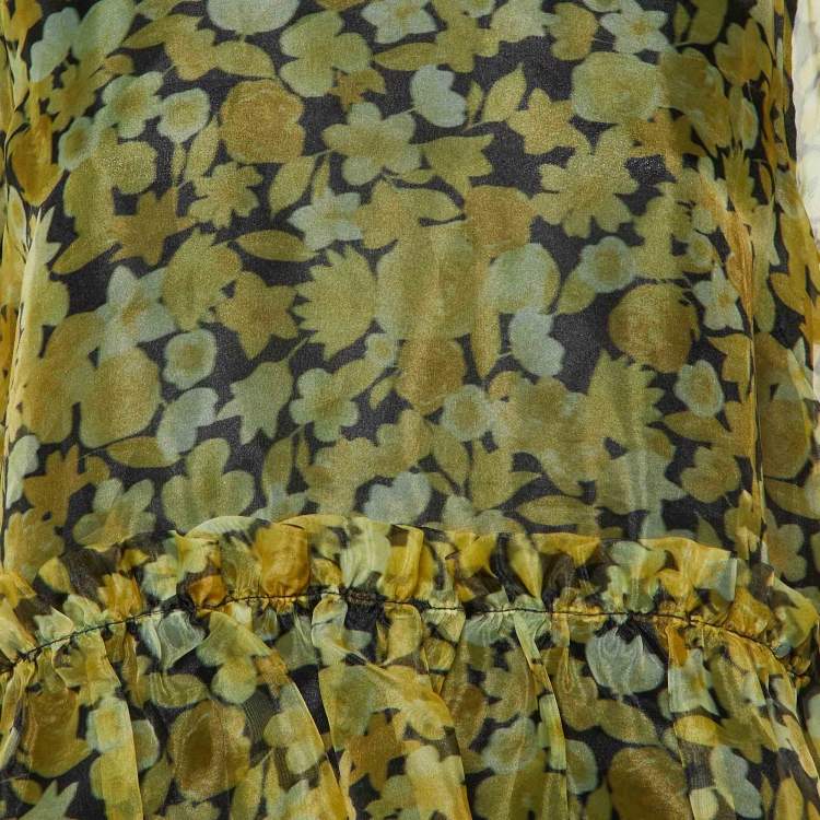 Pre Owned Ganni Yellow Floral Print Organza Tiered Mini Dress L