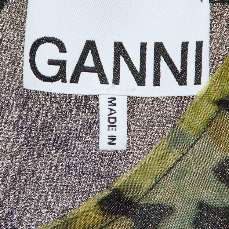 Pre Owned Ganni Yellow Floral Print Organza Tiered Mini Dress L