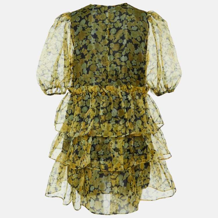 Pre Owned Ganni Yellow Floral Print Organza Tiered Mini Dress L