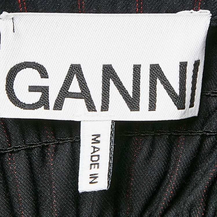Pre Owned Ganni Navy Blue Stripe Cotton Blend Bead-Fringe Trimmed Crop Top S