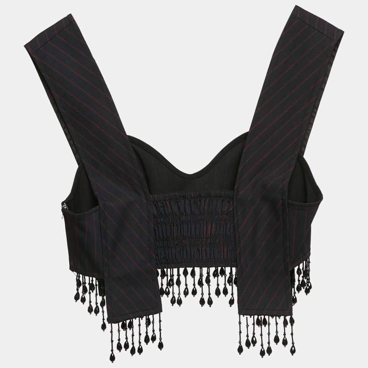 Pre Owned Ganni Navy Blue Stripe Cotton Blend Bead-Fringe Trimmed Crop Top S