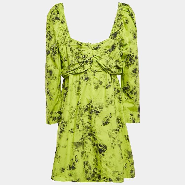 Pre Owned Ganni Green Floral Print Cotton Gathered Mini Dress L