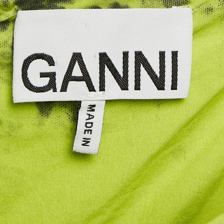 Pre Owned Ganni Green Floral Print Cotton Gathered Mini Dress L