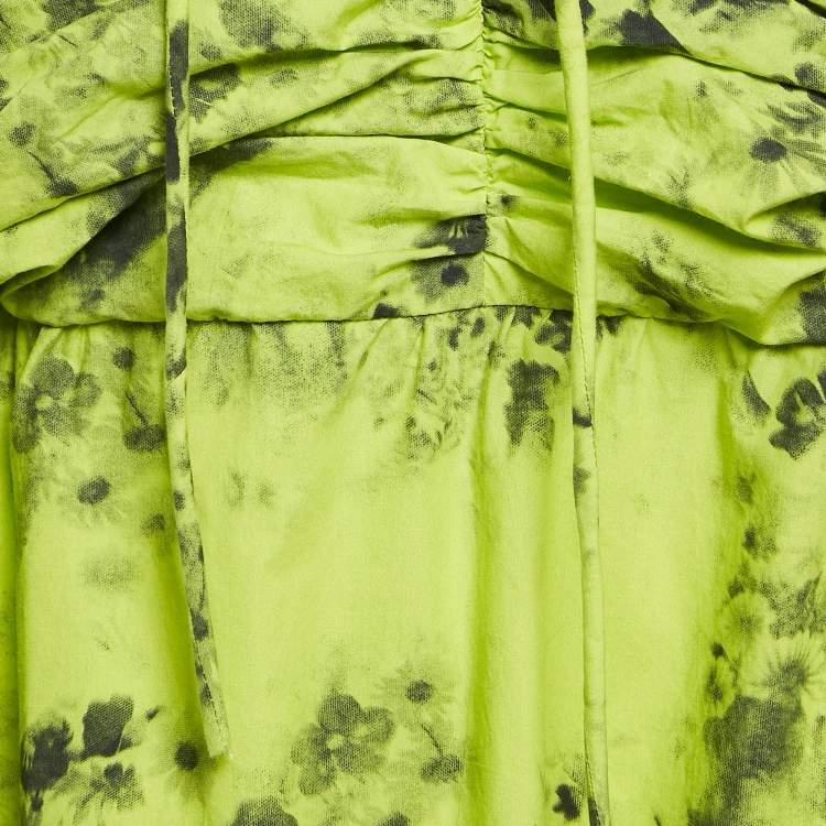Pre Owned Ganni Green Floral Print Cotton Gathered Mini Dress L