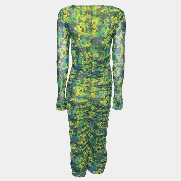 Pre Owned Ganni Multicolor Pinted Mesh Ruched Midi Dress S