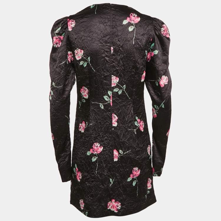 Pre Owned Ganni Black Crinkle Effect Rose Print Crepe V-Neck Mini Dress S