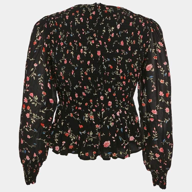 Pre Owned Ganni Black Floral Print Crepe Smocked Top XS