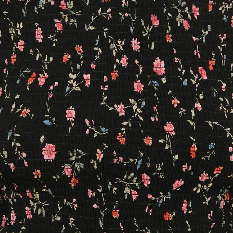 Pre Owned Ganni Black Floral Print Crepe Smocked Top XS