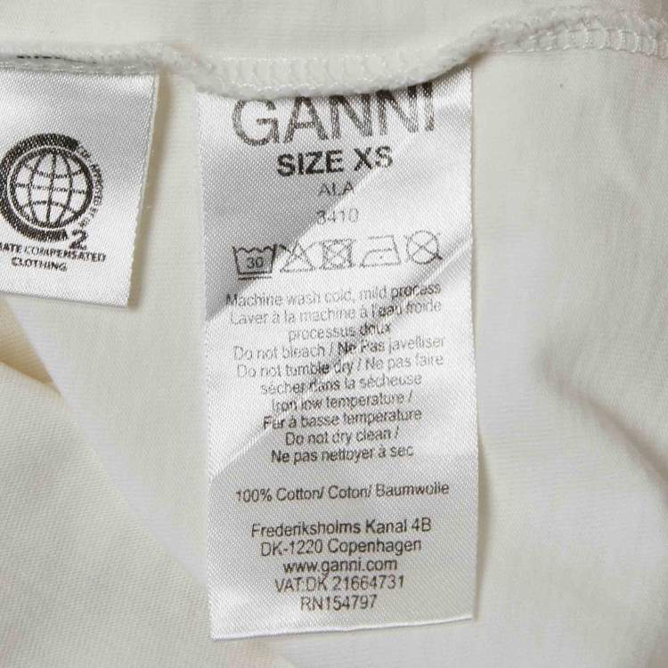 Pre Owned Ganni White Printed Cotton Crew Neck T-Shirt XS