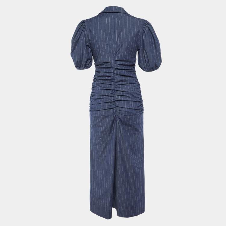 Pre Owned Ganni Navy Blue Pinstripe Ruched Maxi Dress L