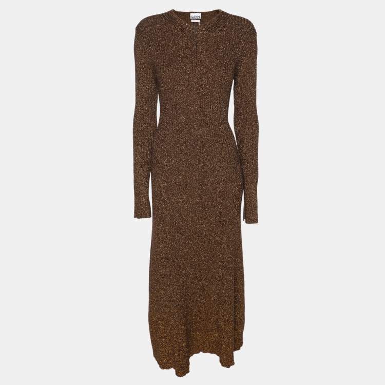 Pre Owned Ganni Metallic Gold Lurex Knit Midi Dress M