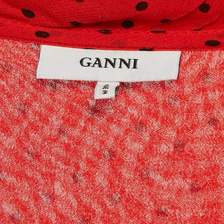 Pre Owned Ganni Red Polka Dots Chiffon Midi Wrap Dress M