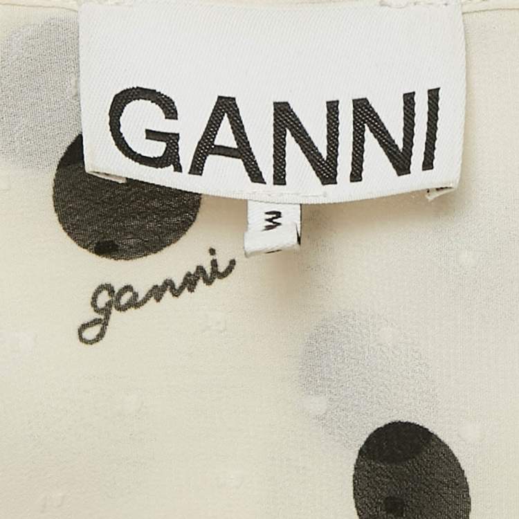 Pre Owned Ganni White Polka Dot Print Crepe Ruffled Top M