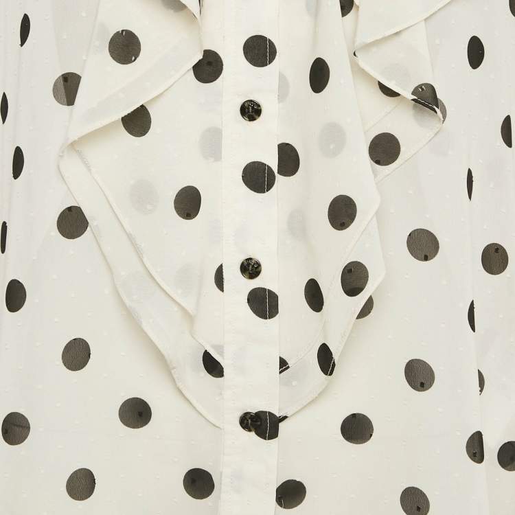Pre Owned Ganni White Polka Dot Print Crepe Ruffled Top M