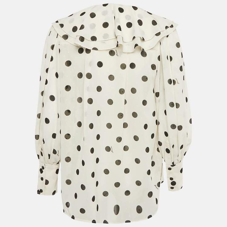 Pre Owned Ganni White Polka Dot Print Crepe Ruffled Top M