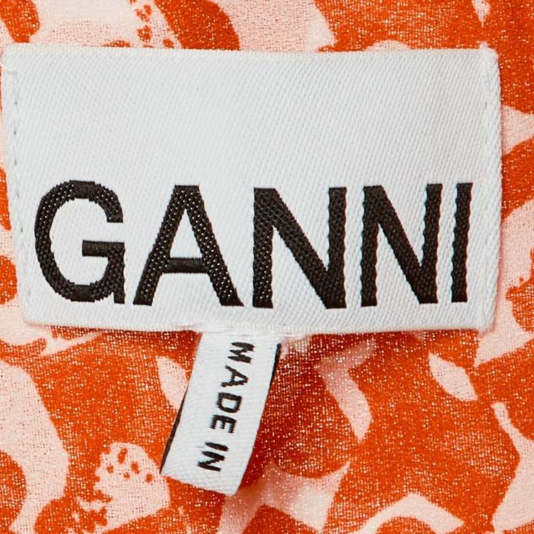 Pre Owned Ganni Orange Floral Print Chiffon Midi Wrap Dress L
