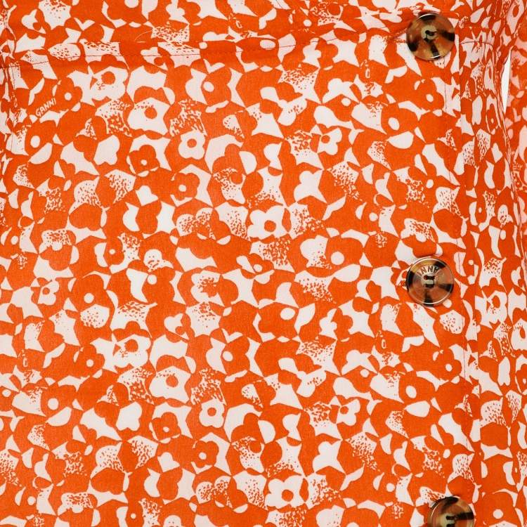 Pre Owned Ganni Orange Floral Print Chiffon Midi Wrap Dress L
