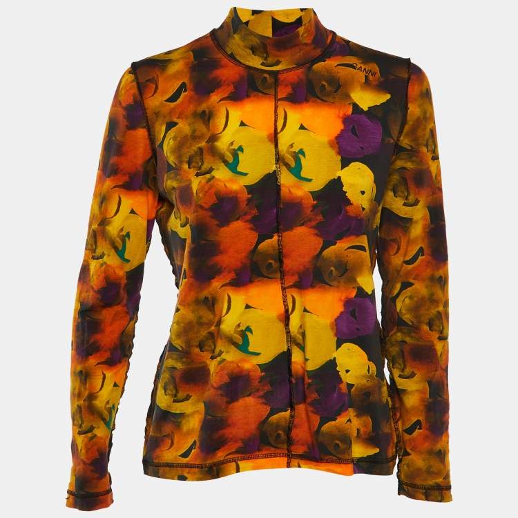 Pre Owned Ganni Orange Printed Jersey Turtle Neck T-Shirt L
