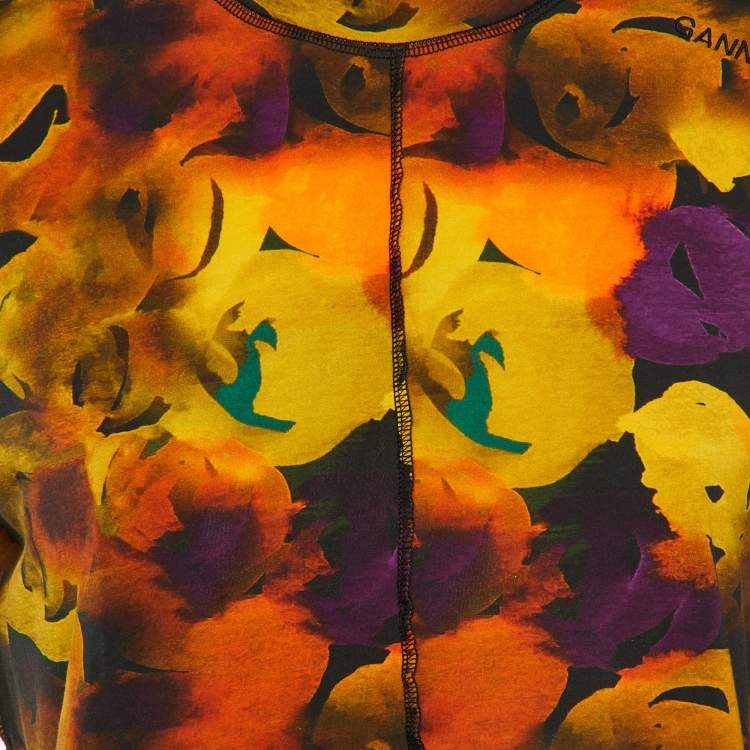 Pre Owned Ganni Orange Printed Jersey Turtle Neck T-Shirt L