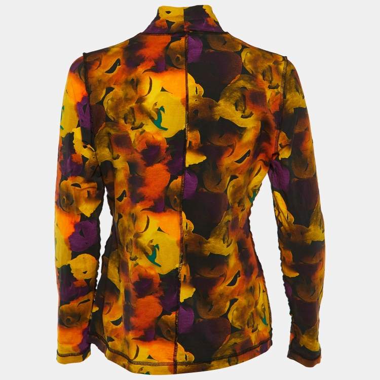 Pre Owned Ganni Orange Printed Jersey Turtle Neck T-Shirt L