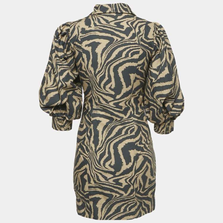 Pre Owned Ganni Brown Zebra Print Cotton Puff-Sleeve  Mini Shirt Dress XS