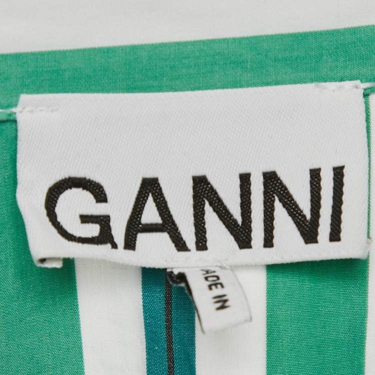 Pre Owned Ganni Green Striped Cotton Button Front Oversized Shirt S