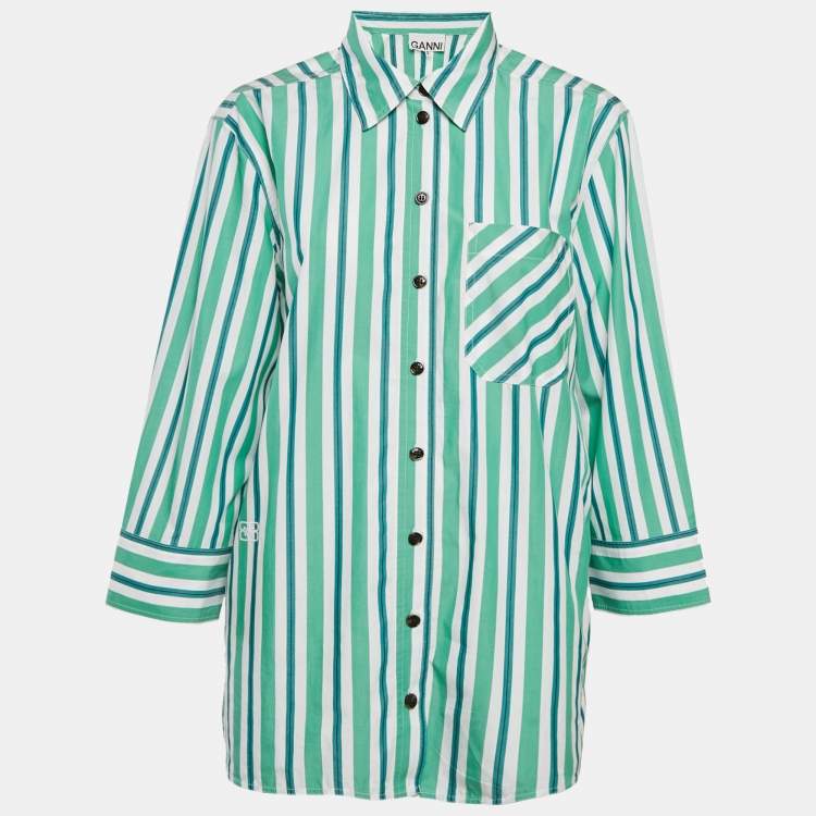 Pre Owned Ganni Green Striped Cotton Button Front Oversized Shirt S