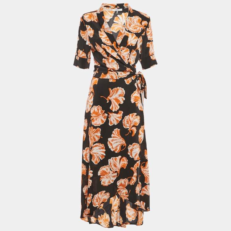 Pre Owned Ganni Black Floral Print Midi Wrap Dress M