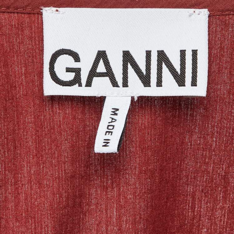Pre Owned Ganni Brown Embellished Cotton Oversized Wrap Mini Dress L/XL