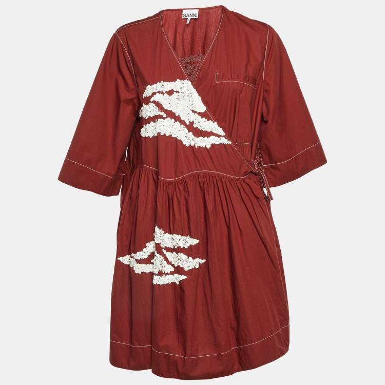 Pre Owned Ganni Brown Embellished Cotton Oversized Wrap Mini Dress L/XL