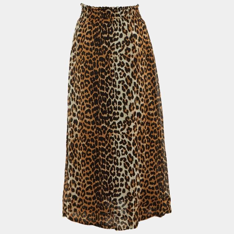 Pre Owned Ganni Beige Leopard Print Crepe Midi Skirt XXS