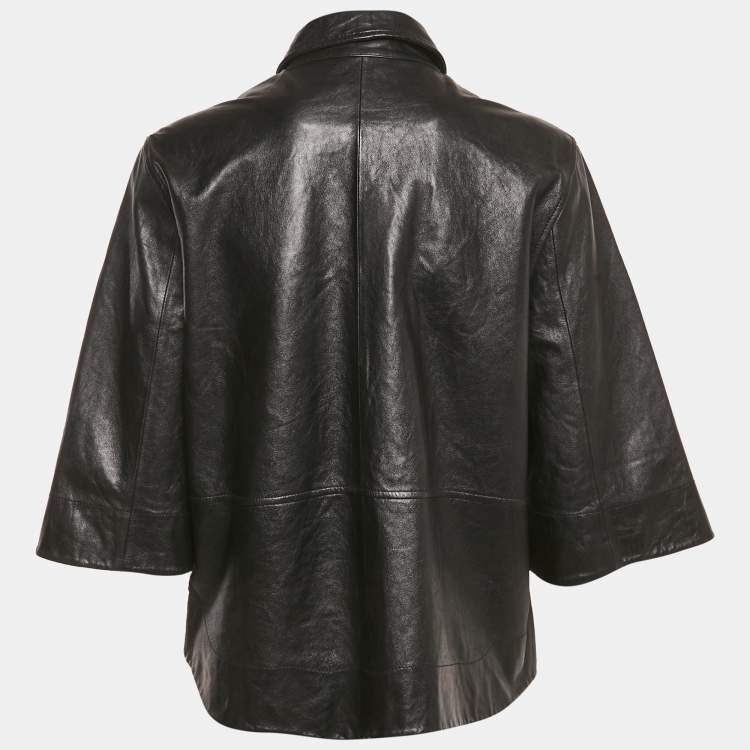 Pre Owned Ganni Black Leather Button Front Wide Sleeve Shirt Jacket L