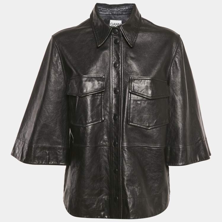 Pre Owned Ganni Black Leather Button Front Wide Sleeve Shirt Jacket L
