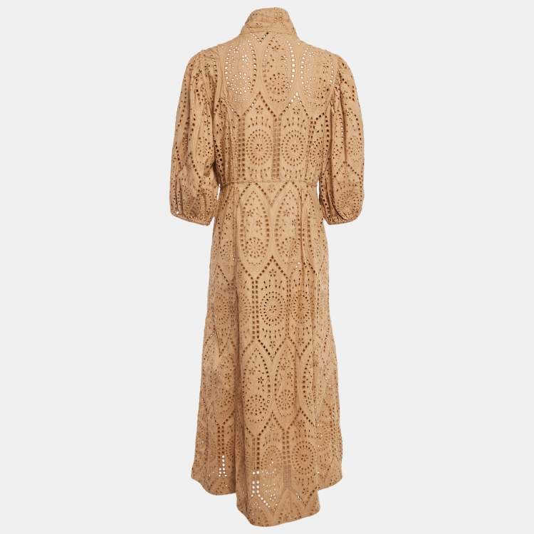 Pre Owned Ganni Brown Anglaise Broderie Cotton Button Front Midi Dress L