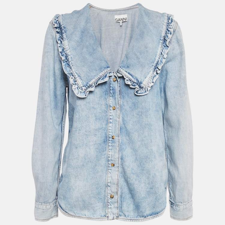 Pre Owned Ganni Blue Denim Ruffled Platter Collar Shirt M