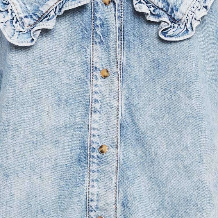 Pre Owned Ganni Blue Denim Ruffled Platter Collar Shirt M