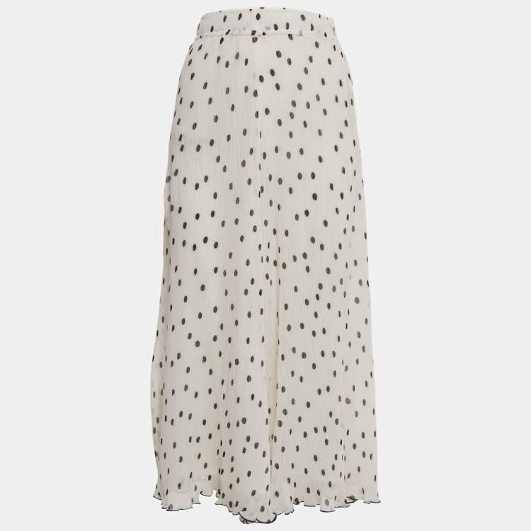 Pre Owned Ganni White Polka Dot Print Chiffon Plisse Midi Skirt S