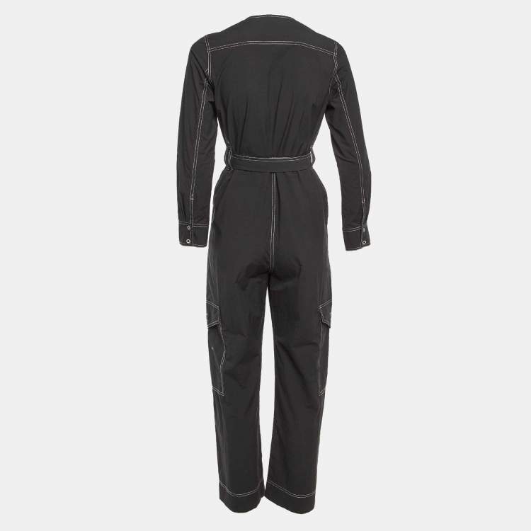 Pre Owned Ganni Black Cotton Blend Contrast Stitch Detail Belted Jumpsuit XS